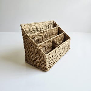 vintage wicker desk caddy, card letter rack, counter organizer