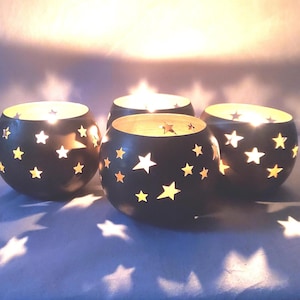 4 Vintage Gold Starry Night Votive Candle Holders Celestial Tealight Set