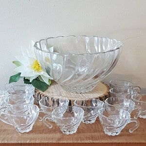 Vintage Punch Bowl Set, Swirl Pattern Punch Bowl with 12 cups