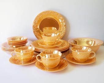 Vintage Fire King Lusterware Dinnerware, Peach Laurel Leaf Lusterware Dishes, 21 Piece Set for 4 Guests