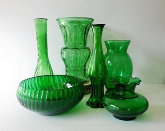 Vintage Emerald Green Glass Vases Mid Century Statement Set