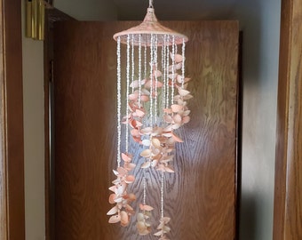 Vintage Shell Chandelier, Sea Shell Beach Decor, Sea Shell Mobile, 1970's Boho Decor