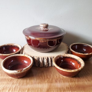 stoneware brown drip pottery soup tureen with 4 Hull bowls