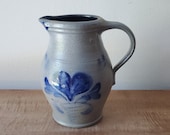 Vintage Rowe Pottery Works Pitcher 7 quot Rowe Pottery Pitcher Salt Glaze with Blue Heart Design