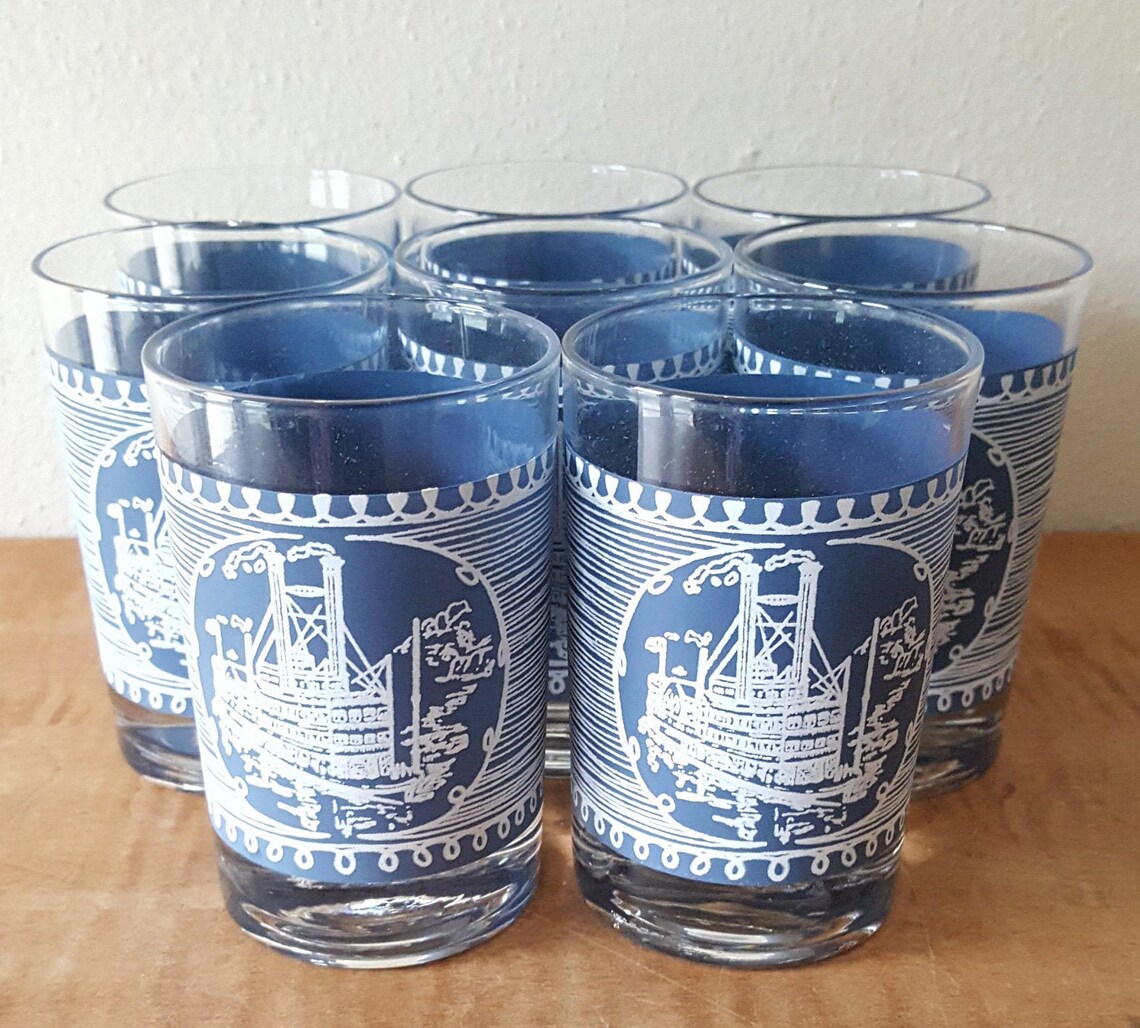 Vintage Currier & Ives Blue Dinnerware Juice Glasses Etsy