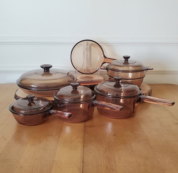 Set of 9 Corning Visions Cookware Set, Amber Brown Glass Bakeware Set With  Lids, Vintage Pyrex Bake Ware, Vision Ware Pots and Pans Grab Its 
