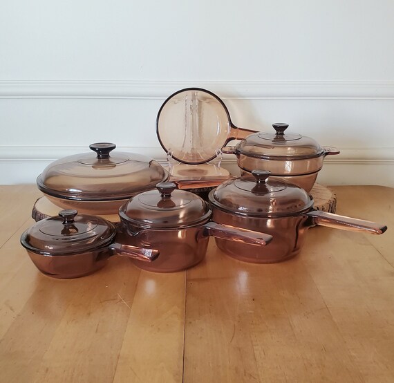 Vintage Corning Visions Glass Cookware Visionware Amber Brown 11 Pieces  Visions Saucepans Skillets Pots Pans Lids 