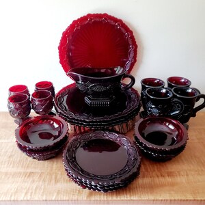 Vintage Avon Ruby Red Glass Dishes 1876 Cape Cod Cups Bowls and Plates, 21 Piece Set for 4