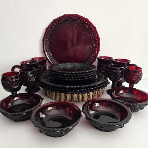 Vintage Avon Cape Cod Ruby Red Dinnerware Set: 20 Piece Service for 4