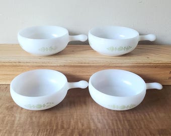 4  Glasbake milk glass bowls one handle chili bowls