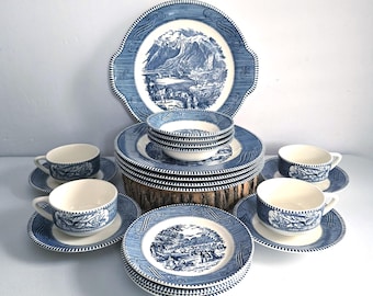 Vintage Currier & Ives Blue dinnerware 21 piece set for 4 guests