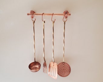 Vintage Wall Hanging Kitchen Tools, Brass Copper Cooking Utensils Hang from Copper Bar, Korea