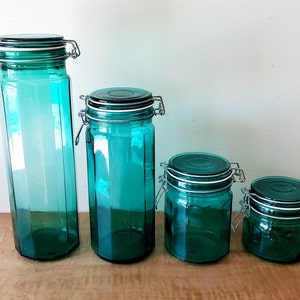 green glass canisters vintage teal aqua canister jars with wire bale closures