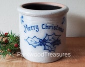 Vintage Christmas Rockdale Union Pottery 5 1 2 quot Salt Glaze with Blue Holly Berry Design Crock