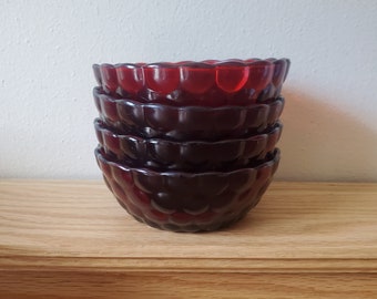 Vintage 4 Red Bubble Berry Bowls, Anchor Hocking, Royal Ruby Bubble Dishes