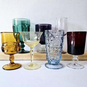 Vintage Multicolored Goblets, Mixed Color Wine Glasses, Rainbow Glassware, 7 MCM Mismatched  Goblets