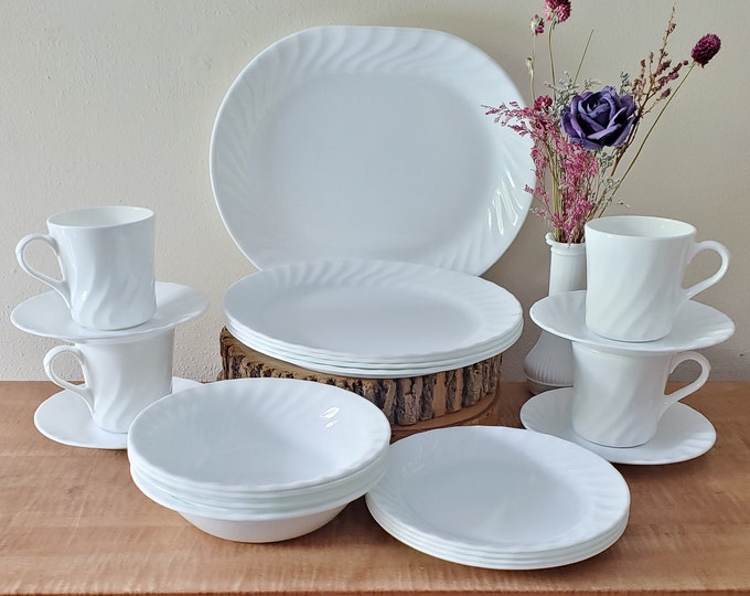 Set of 16 Piece Corelle Enhancements White Swirl Dinnerware by Corning