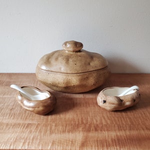 Vintage Ceramic Potato Bowls, Large Potato Serving Bowl + 2 Condiment Potato Bowls + 2 Ceramic Spoons