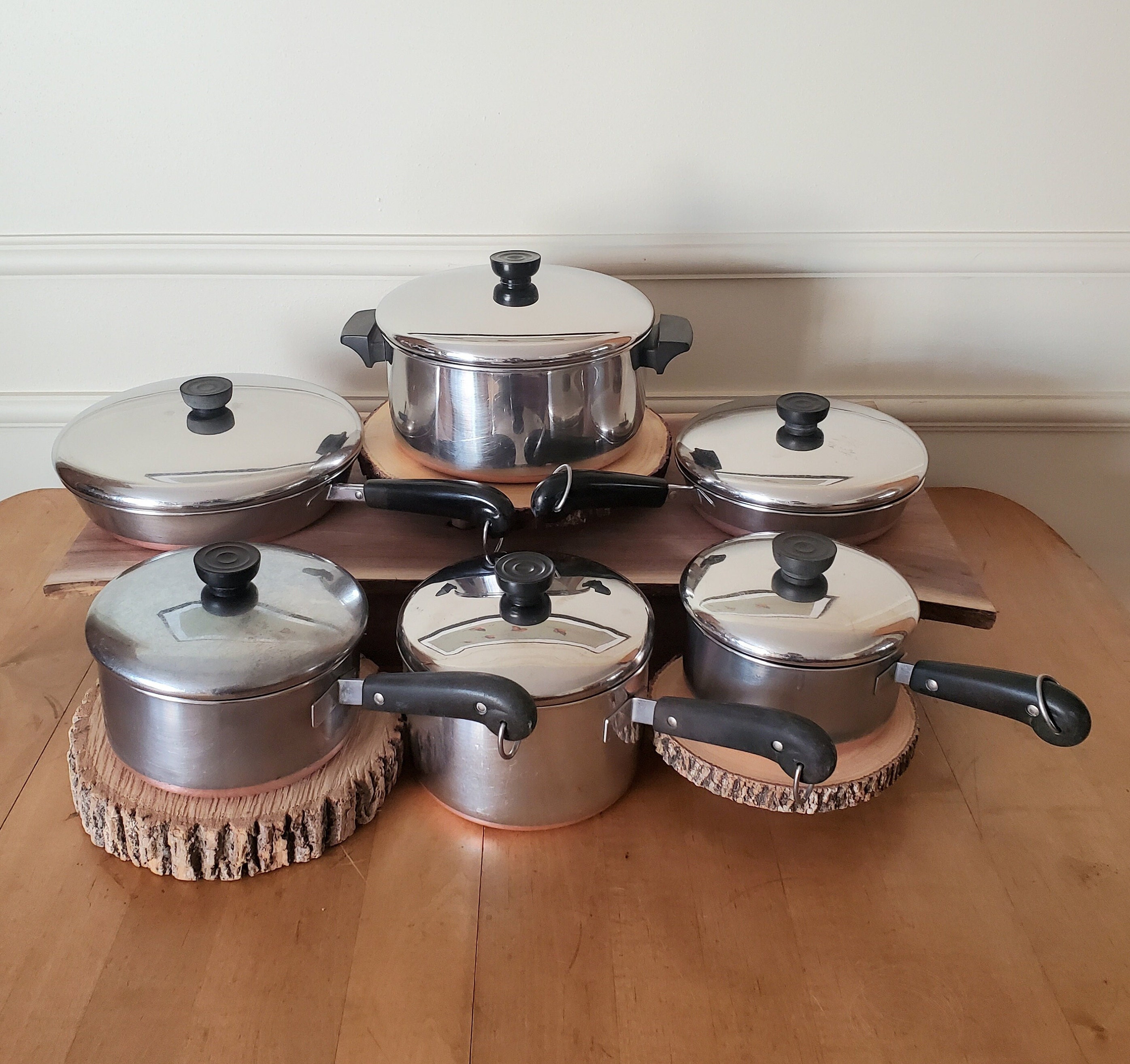 6 Piece Vintage Lot Set Revere Ware Copper Bottom Cookware Pots Pressure  Cooker