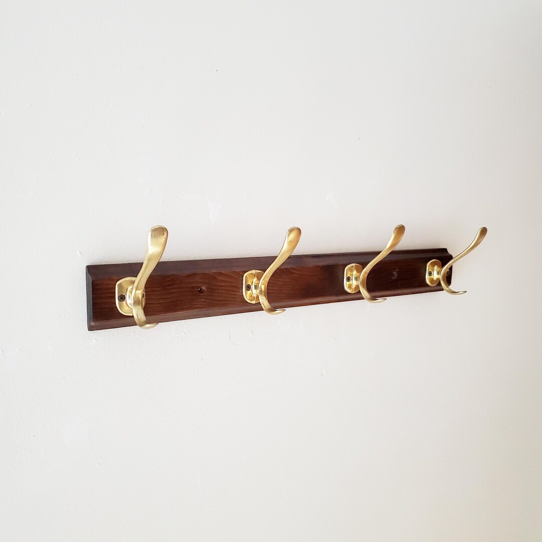 Vintage Wall Hanging Brass Double Hook Rack Wood Hat Rack Coat Hook ...