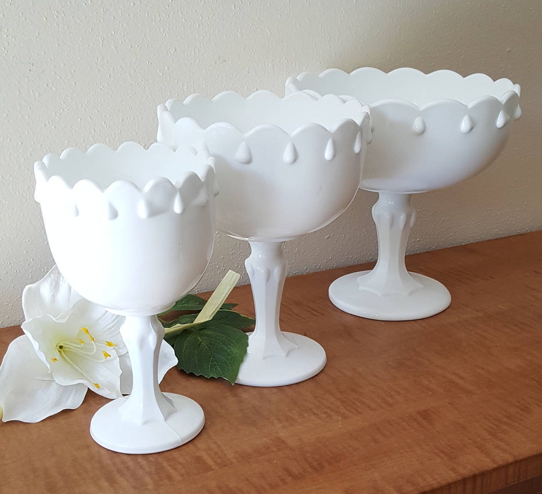Vintage Milk Glass Pedestal Bowls, White Glass Bowls, Teardrop Compotes