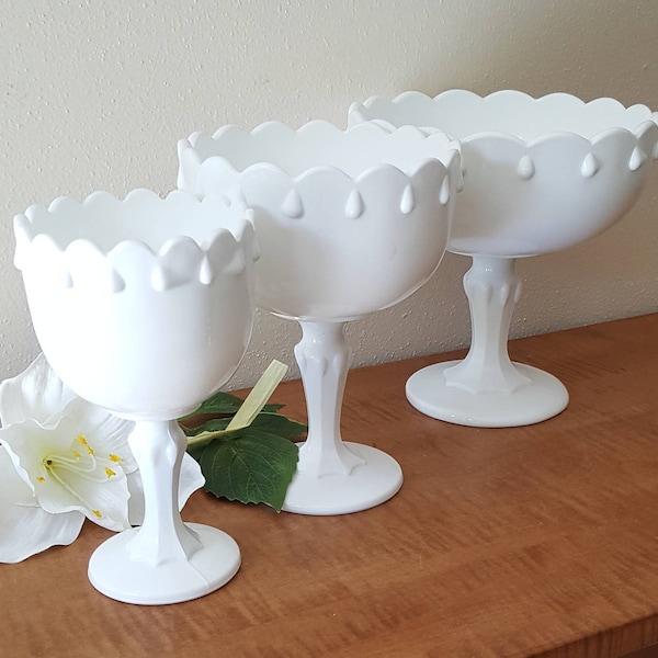 Vintage Milk Glass Pedestal Bowls, White Glass Bowls, Teardrop Compotes, Wedding Centerpieces, Party Centerpieces, Candy Bowls for Weddings