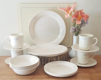 Vintage Corelle Lace Bouquet Dinnerware: 21 Piece Set for 4