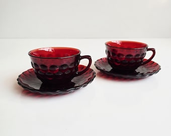 2 vintage Anchor Hocking "Bubble Ruby Red" cups & saucers
