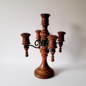 Vintage Wood & Metal 5-Arm Candelabra: MCM Candle Holder