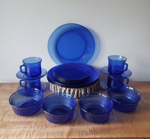 Vintage Cobalt Blue Glass Dinnerware Blue Dishes Forte Crisa Square Pattern Mexico 20 Piece Set for 4 Etsy Canada