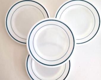 4 vintage Corning Decor opal white /teal band salad plates: 6 3/4"