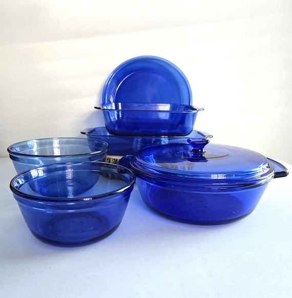 7 Piece Cobalt Blue Bakeware Pyrex Anchor Hocking Glass Baking Set