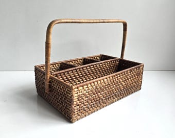 Vintage Rattan Utensil Caddy Pencil Reed Basket Flatware Box