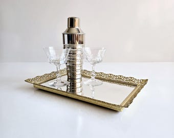 Vintage Brass Filigree Mirrored Bar Tray: 15" x 10" Vanity Decor  /details in description