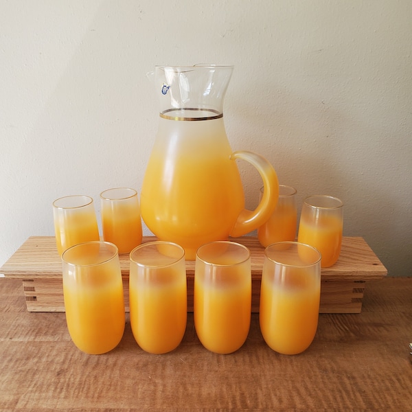 Vintage West Virginia Blendo Orange Fade Pitcher + 4 Orange Fade Juice Glasses + 4 Orange Fade Tumblers, West Virginia Glass Co