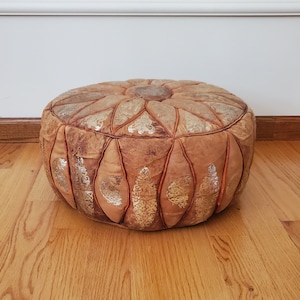 Vintage Mid-Century Leather Pouf Made in Morocco