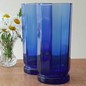 pair Essex cobalt blue tumblers vintage Anchor Hocking ice tea glasses