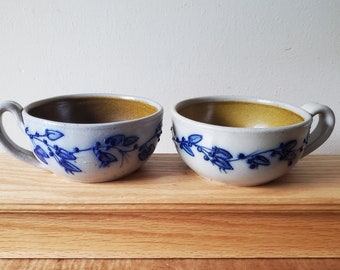 2 Chowder Bowls Salmon Falls Stoneware Salt Glaze Pottery Blueberry Vine Oversized Mugs 1996 and 1997 Dover Maine