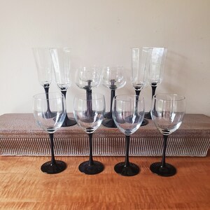 Vintage Black Stem Wine Glasses Luminarc Cristal D&#39;Arques-Durand Set of 12 Three Sizes as Pictured and Described in Listing