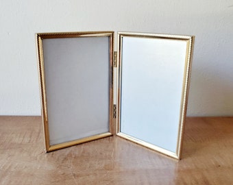 Vintage 4 x 6 Double Fold Frame, Frame holds Two 4" x 6" Pictures, Hinged Frame, 4x6 Gold Metal Picture Frame