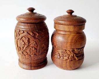 Vintage Hand Carved Wood Spice Jars Indian Canister Set of 2