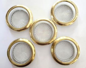 Vintage Brass Glass Coasters Set of 5 Starburst Pinwheel Beaded Rim