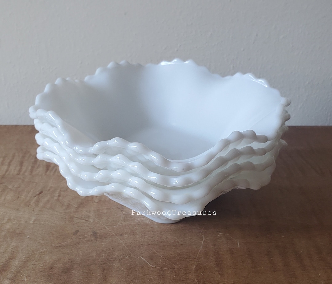 Vintage Milk Glass Bowls, Hazel Atlas Diamond Pattern White Bowls, Milk
