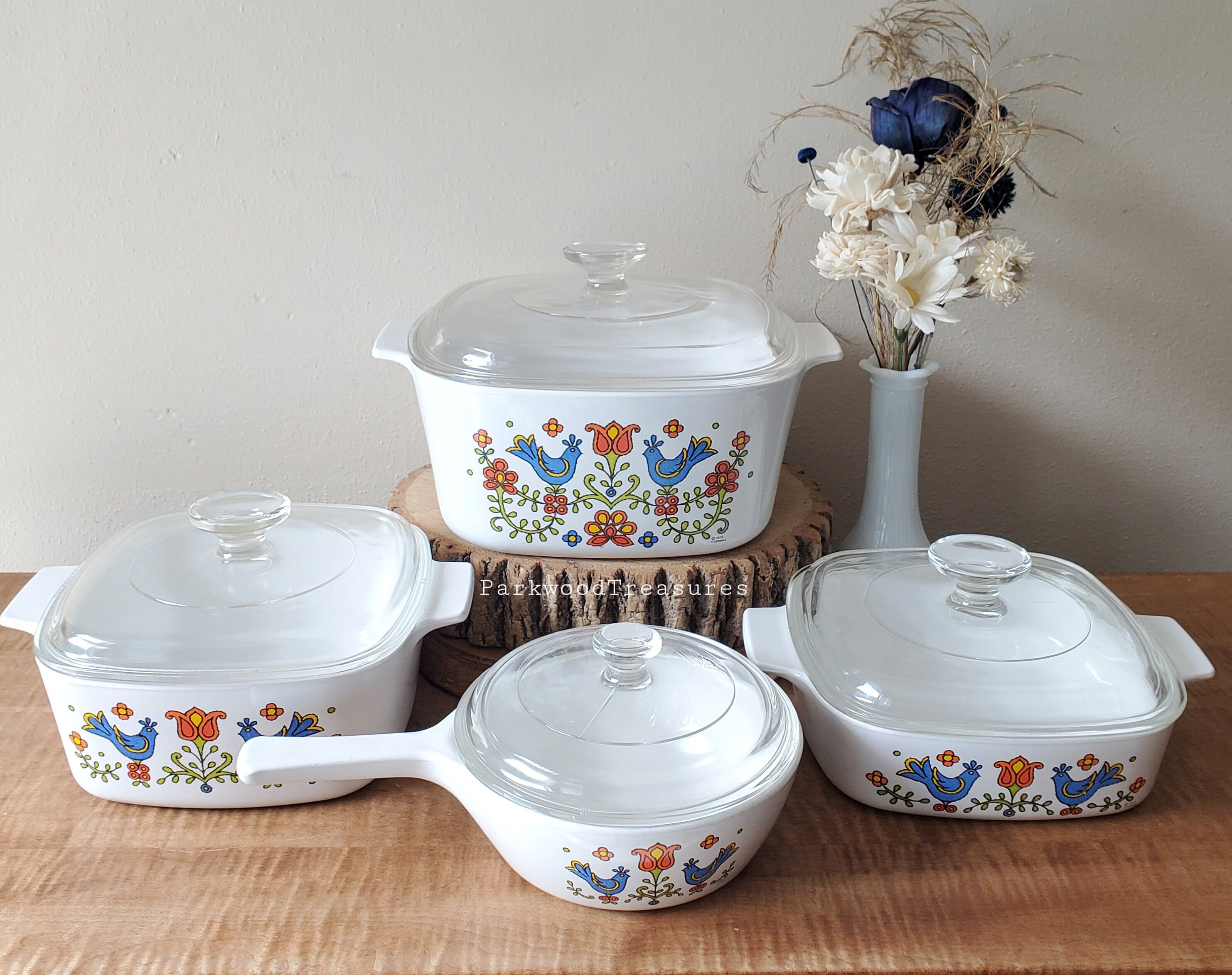 Vintage Corning Ware Country Festival 4 Casseroles 4 Pyrex Lids