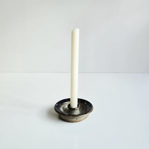 ceramic candlestick holder vintage studio pottery blue and speckled gray candlestick