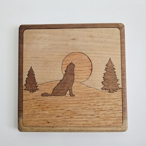 7" wooden trivet handcrafted howling wolf trivet