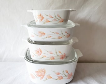 Vintage Corning Ware Peach Floral 5 Casseroles + 4 Pyrex Lids~Pyroceram made in the USA Rare Set