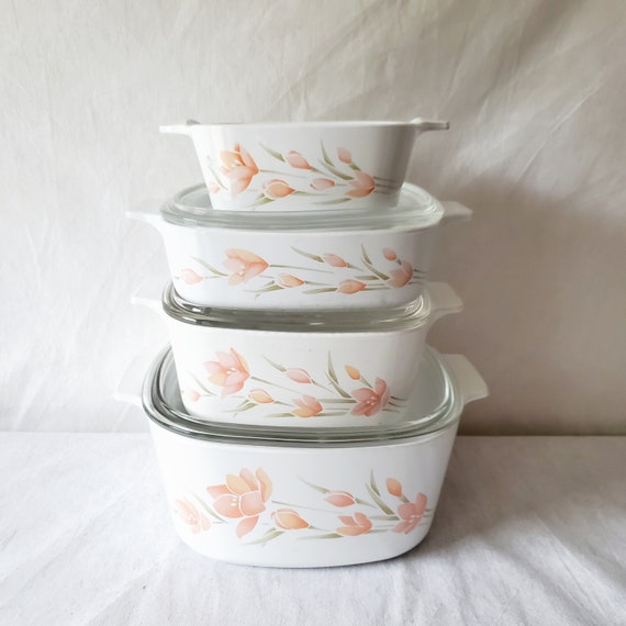 vintage Corning Ware Peach Floral casserole set: 7 pieces