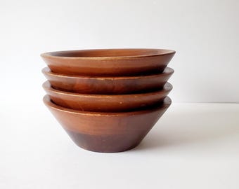 Vintage Walnut Wood Salad Bowls Set of 4 Large Deep Popcorn Bowls
