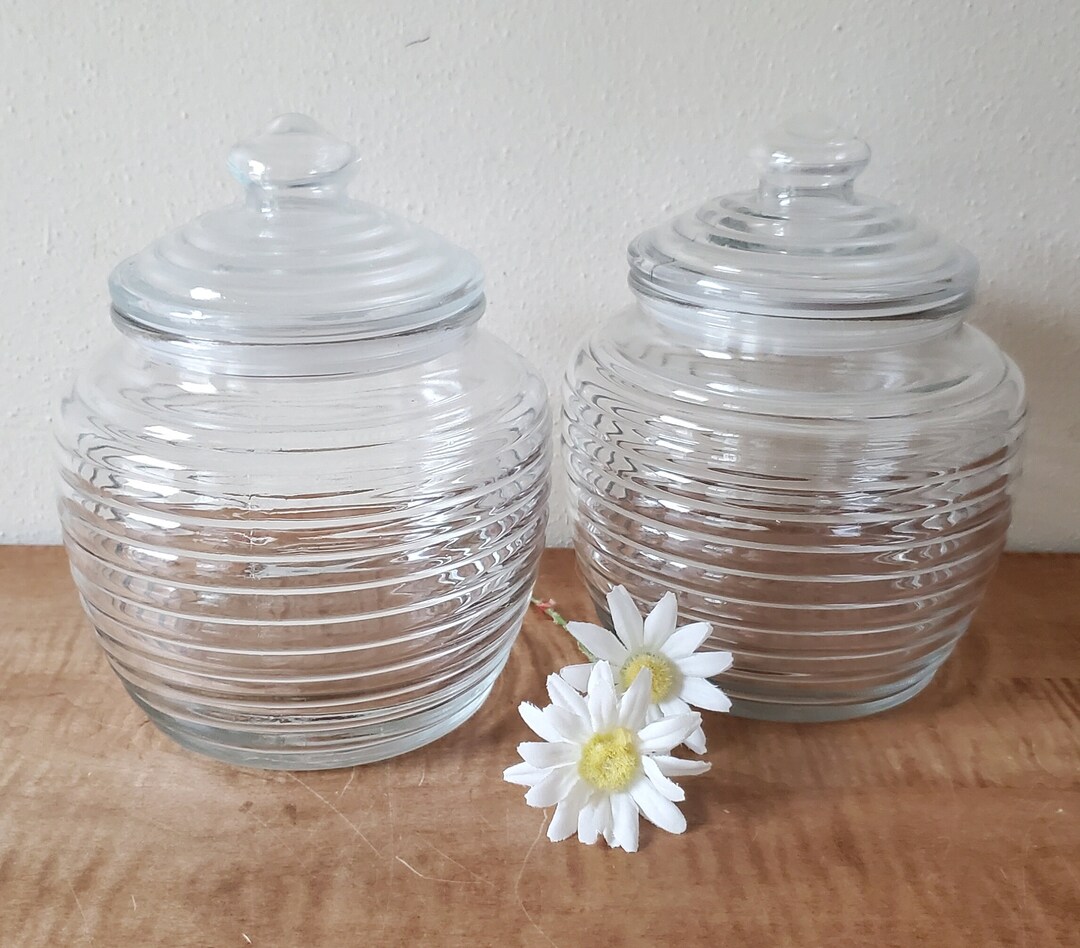 Vintage Canister Jar Set, Ribbed Optic Storage Bee Hive Canister Jars